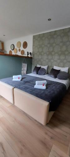 a bedroom with a large bed with blue sheets and pillows at Bed & Breakfast Hellendoorn in Hellendoorn