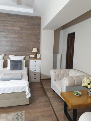 a bedroom with two beds and a couch at IMPERIAL ROOMS - ULTRACENTRAL - jacuzzi cu hidromasaj in Oradea