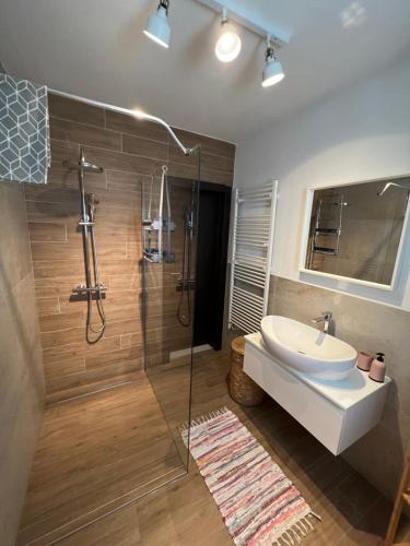 a bathroom with a sink and a glass shower at Dom Lovrenko in Mlini