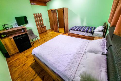 a bedroom with a bed and a desk with a television at Mtirala National Park hotel ORBEZA in Kobuleti