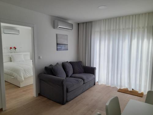 ein Wohnzimmer mit einer Couch und einem Bett in der Unterkunft Casa/Apartamento de hóspedes in Viana do Castelo