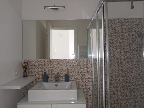 une salle de bain avec un lavabo et une douche avec un miroir dans l'établissement Eliana Appartment, à Menton