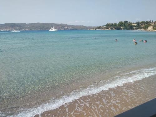 un grupo de personas en el agua en la playa en Casadelvilla private apartment PortoCheli-Kosta en Porto Heli