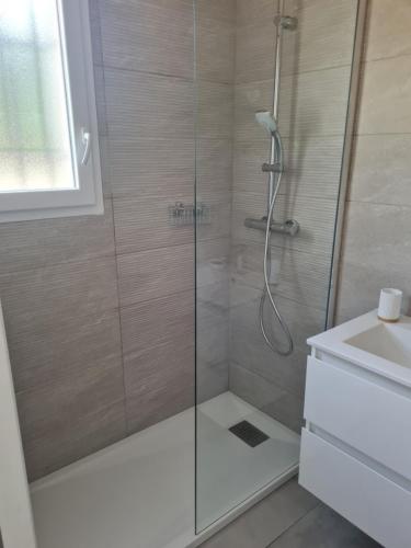 une douche avec une porte en verre à côté d'un lavabo dans l'établissement Location "Casa Monna", à Prunelli-di-Fiumorbo