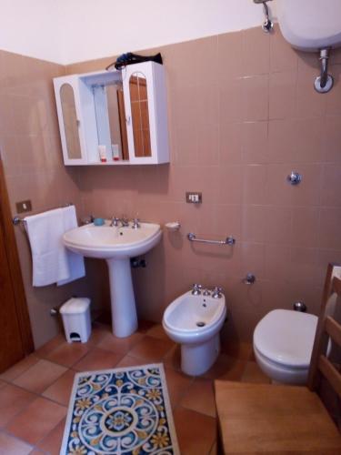 a bathroom with a sink and a toilet and a mirror at L'ulivo e lo scoiattolo in Marina Palmense
