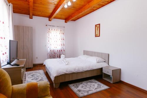 a bedroom with a bed and a desk and a television at Pensiunea LUKA Slanic Moldova in Slănic-Moldova