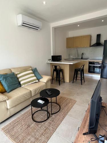 ein Wohnzimmer mit einem Sofa und einer Küche in der Unterkunft Appartement Soveria in Soveria