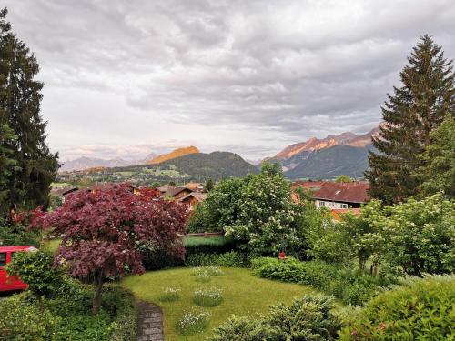 a garden with flowers and trees and mountains in the background at Sunrise Belvedere Pfronten in Pfronten
