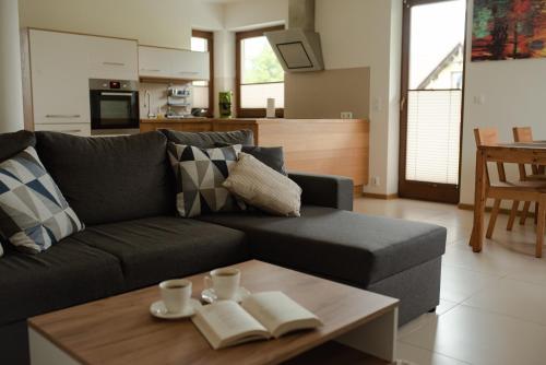 a living room with a couch and a coffee table at Apartament Słoneczna Rapsodia in Rabka-Zdrój