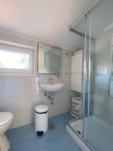 ein Bad mit einem Waschbecken, einem WC und einer Dusche in der Unterkunft Apartma Manuel in Izola