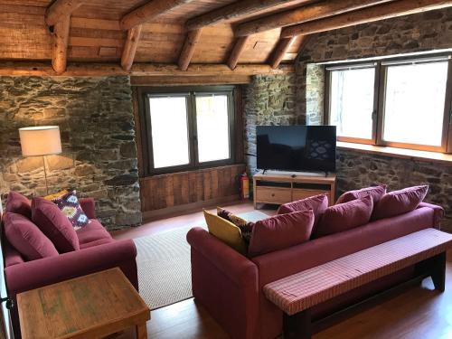 un salon avec deux canapés et une télévision dans l'établissement Arties Centro 2 habitaciones, exclusivo familias, à Arties