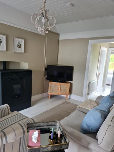 a living room with a couch and a tv at The Little White House in Tyrrellspass