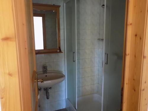 uma casa de banho com um lavatório e um chuveiro em Platán Panzió em Nyúl