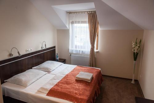 a bedroom with a large bed and a window at Hotel E7 in Radom