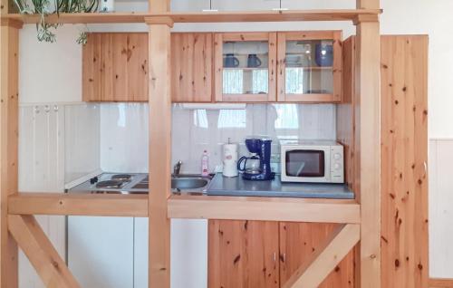 トラッセンハイデにあるAmazing Home In Trassenheide With 1 Bedroomsのキッチン(木製キャビネット、カウンター、電子レンジ付)