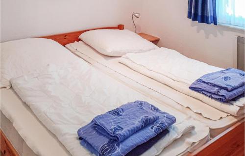 zwei nicht bezogene Betten mit Handtüchern darüber in der Unterkunft Ferienhaus M�lschower Weg X in Trassenheide