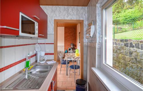 eine kleine Küche mit einem Waschbecken und einem Fenster in der Unterkunft Ferienhaus Lindenberg R in Klein Nemerow