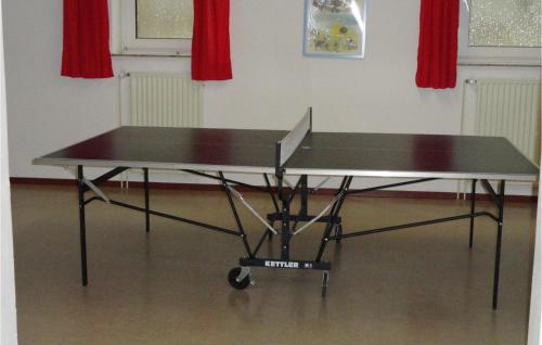 a ping pong table in a room with red curtains at Hotel Wittensee in Groß Wittensee