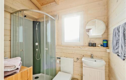 a bathroom with a shower and a toilet and a sink at Seelwe in Süssau