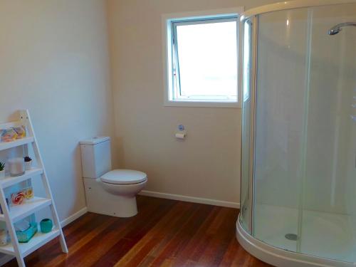 Un baño con inodoro y ducha de cristal. en Views on Matarangi - Matarangi Holiday Home, en Matarangi