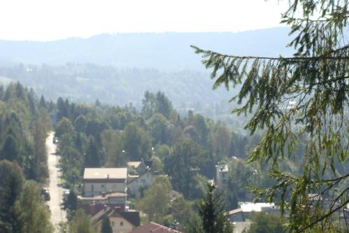 a town in the middle of a valley with trees at Willa Melisa in Wisła