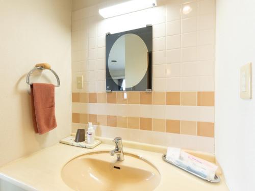 a bathroom with a sink and a mirror at Tabist Hotel Iyashi no Sato in Tsuchiura