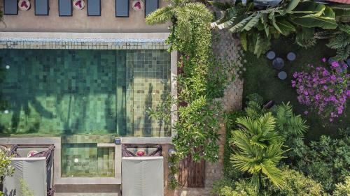 a garden with plants and flowers on a building at La Bastide de Caro in Siem Reap