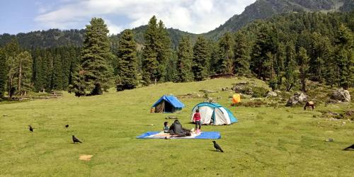 a group of people sitting in a field next to tents at Kashmir Outlook Adventures in Pahalgām