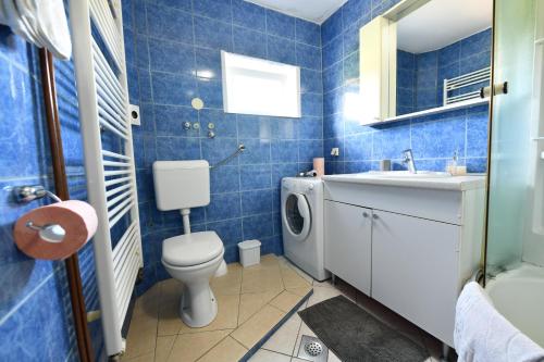 a blue tiled bathroom with a toilet and a sink at Apartment Marija Zupan in Rakovica