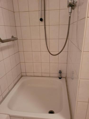 La salle de bains est pourvue d'une baignoire et d'une douche. dans l'établissement Mickten Hertz, à Dresde