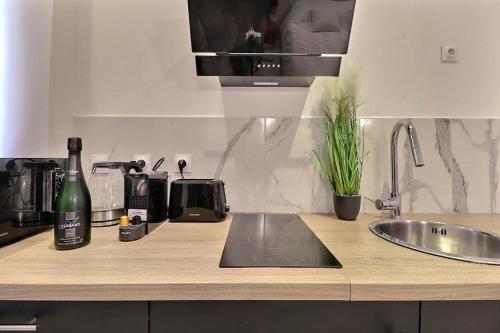 a kitchen counter with a sink and a microwave at Love Room avec Jacuzzi Privatif Évasion Romantique à Castelsarrasin in Castelsarrasin