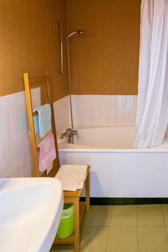une salle de bain avec une baignoire, des toilettes et un lavabo dans l'établissement Les Roches Blanches, à Lanslebourg-Mont-Cenis