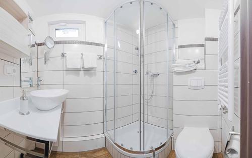 ein Bad mit einer Dusche, einem WC und einem Waschbecken in der Unterkunft 7 Zwerge Übernachtungspension in Lohr