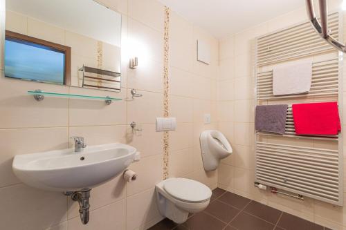 ein weißes Bad mit einem Waschbecken und einem WC in der Unterkunft Ferienhaus Schlag Wohnung 1 in Naumburg