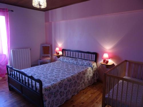 a bedroom with a bed and two lamps on tables at Gîte Les Paredous in Broquiès