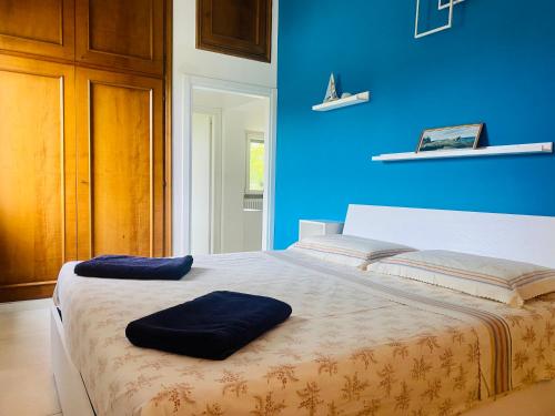 Cette chambre bleue comprend un lit avec deux oreillers. dans l'établissement Casa Maremma “Peonia”, à Castiglione della Pescaia