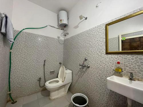a bathroom with a toilet and a sink and a mirror at Boraj Haveli Guest House in Udaipur