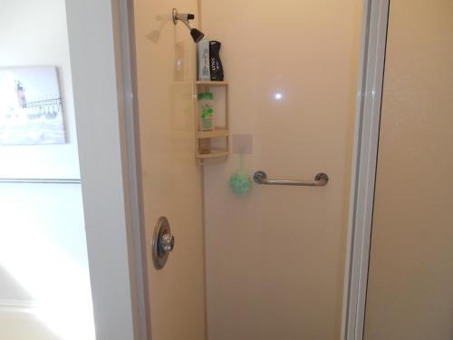 eine Badezimmertür mit einem Handtuchhalter darauf in der Unterkunft At The Mount - Mt Maunganui Holiday Home in Mount Maunganui