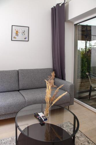 a living room with a couch and a glass table at Alyvų Namai Nida in Nida