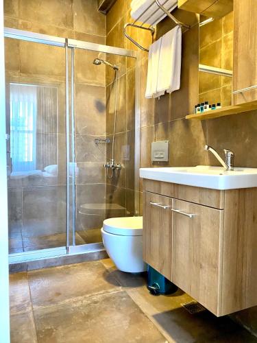 a bathroom with a shower and a toilet and a sink at Eleven Aparts in Istanbul