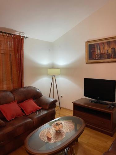 uma sala de estar com um sofá de couro e uma mesa de centro em Aquarium Apartment Kotor em Kotor