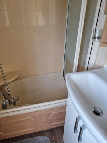 a bathroom with a shower and a sink at Goldensands in Foryd