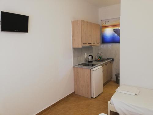 a small kitchen with a sink in a room at Anestis Studios in Agios Georgios