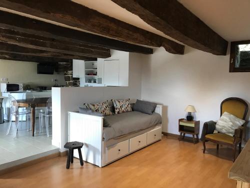 Cet appartement comprend une chambre avec un lit et un salon avec une cuisine. dans l'établissement Le Mas Bertrand, à Villefranche-de-Panat