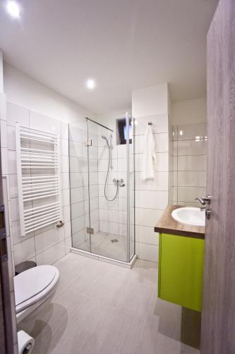 a bathroom with a shower and a toilet and a sink at Levendula Apartmanház in Sárvár