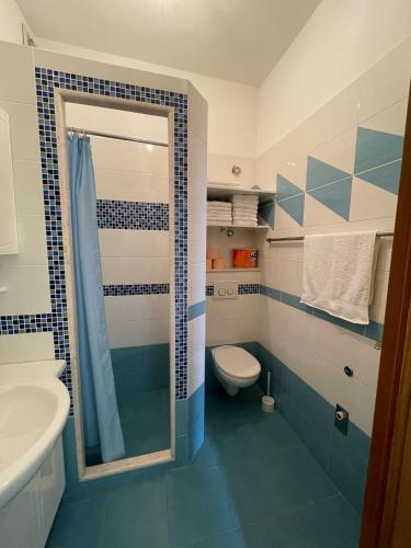 a bathroom with a shower and a toilet and a sink at Family House LA - Krvavica in Makarska