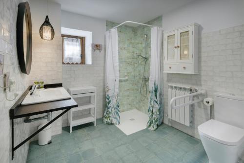 y baño con ducha, lavabo y aseo. en Apartamento Rural Paloma, en Ansó