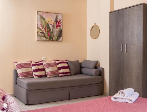 Theano Hotel في بوروس: غرفة معيشة مع أريكة رمادية وخزانة