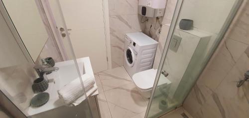 a bathroom with a toilet and a glass shower stall at NUR Apartment in Dobra Voda