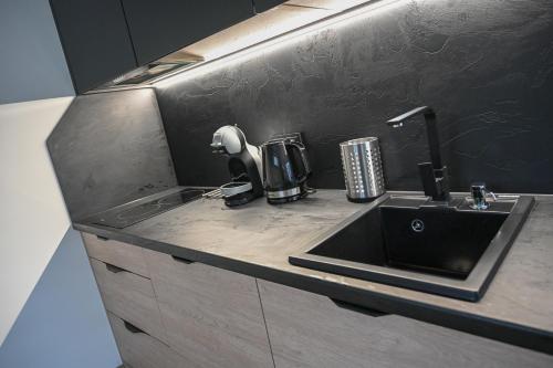 a kitchen counter with a sink and a coffee maker at NORD HOUSE Apartamenty in Władysławowo